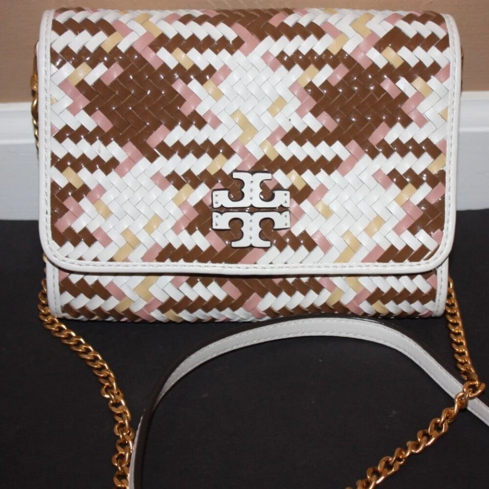 Tory Burch Britten Woven Chain Wallet purse  Ivory Brown Pink Multicolor